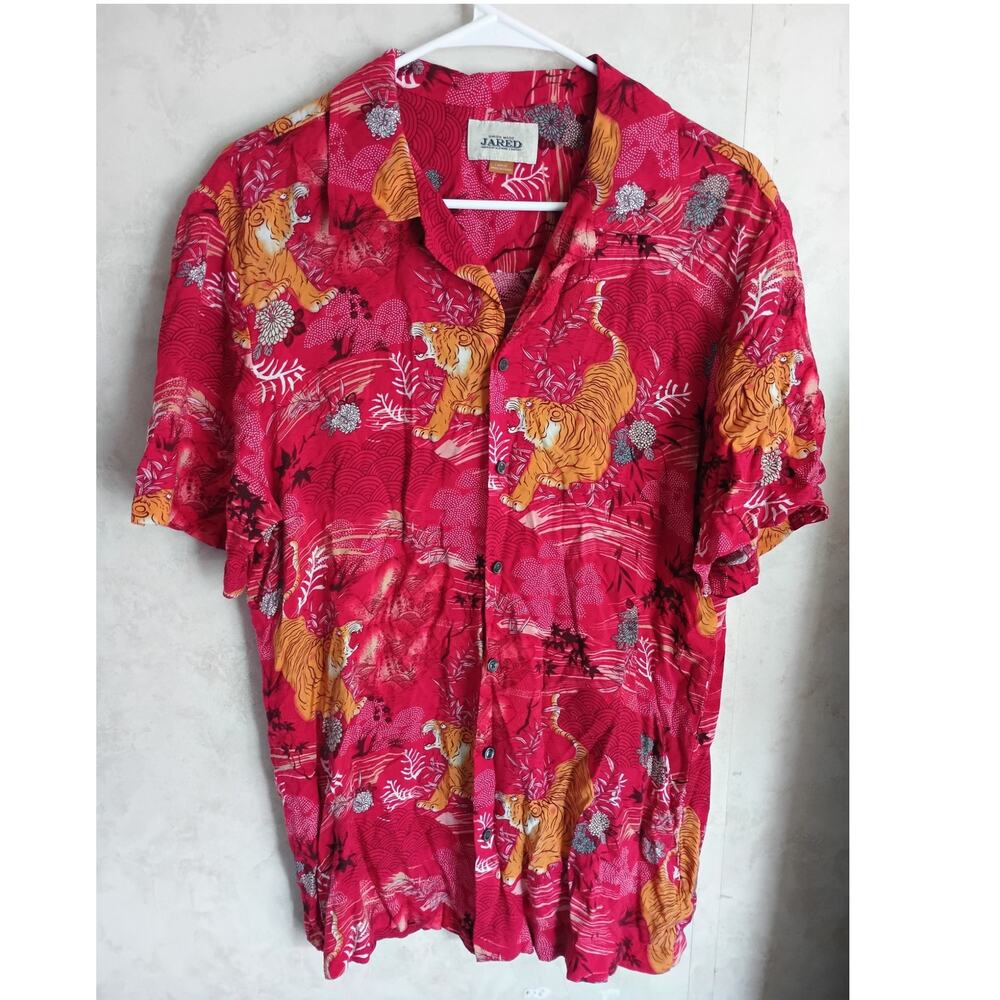 Tiger Print Hawaiian Shirt Mens Large Red Rayon Tropical Resort Statement Shirt